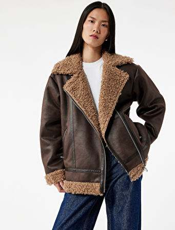 Uzun Kollu Fermuarlı Cepli Peluş Yaka Deri Görünümlü Biker Ceket