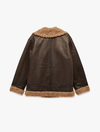 Uzun Kollu Fermuarlı Cepli Peluş Yaka Deri Görünümlü Biker Ceket