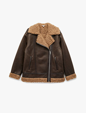 Uzun Kollu Fermuarlı Cepli Peluş Yaka Deri Görünümlü Biker Ceket