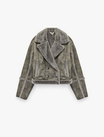 Uzun Kollu Cepli İçi Suni Kürklü Kruvaze Süet Görünümlü Ceket