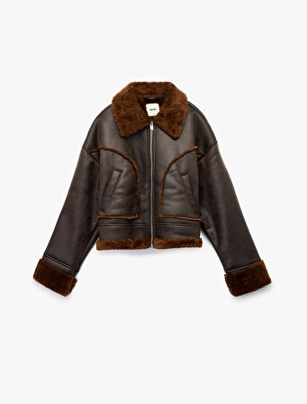 Uzun Kollu Cepli Fermuarlı Peluş Yaka Suni Süet Crop Biker Ceket