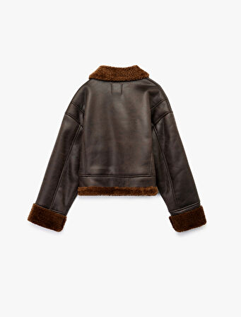 Uzun Kollu Cepli Fermuarlı Peluş Yaka Suni Süet Crop Biker Ceket