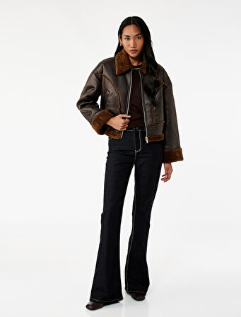 Uzun Kollu Cepli Fermuarlı Peluş Yaka Suni Süet Crop Biker Ceket