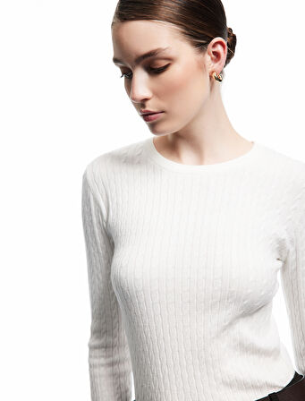 Uzun Kollu Bisiklet Yaka Saç Örgü Triko Kazak