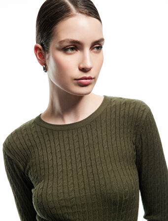 Uzun Kollu Bisiklet Yaka Saç Örgü Triko Kazak