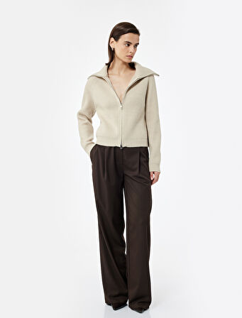 Regular Fit Dik Yaka Fermuarlı Uzun Kollu Triko Hırka