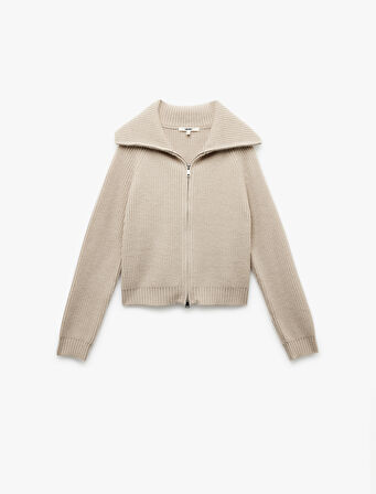 Regular Fit Dik Yaka Fermuarlı Uzun Kollu Triko Hırka