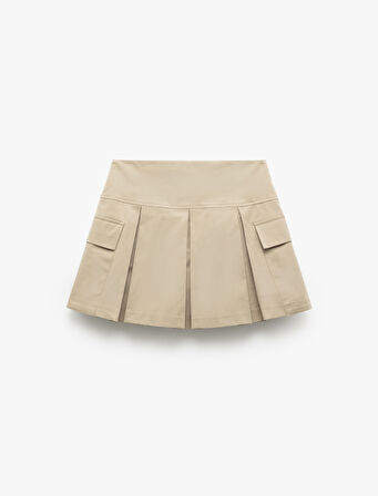 Pamuklu Gabardin Kumaş Kargo Cepli Mini Pileli Şort Etek