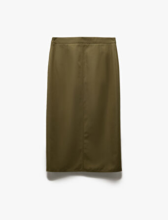 Gabardin Kumaş Slim Fit Kapaklı Cep Detaylı Yırtmaçlı Midi Kalem Etek 
