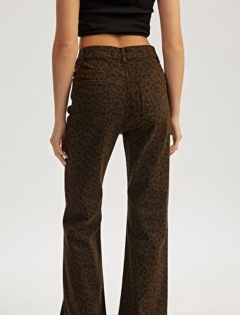 Yüksek Bel Pamuklu Leoparlı İspanyol Paça Pantolon - Flare Jeans