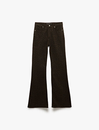 Yüksek Bel Pamuklu Leoparlı İspanyol Paça Pantolon - Flare Jeans