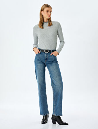 Fırfırlı Dik Yaka Uzun Kollu Slim Fit Basic Tişört