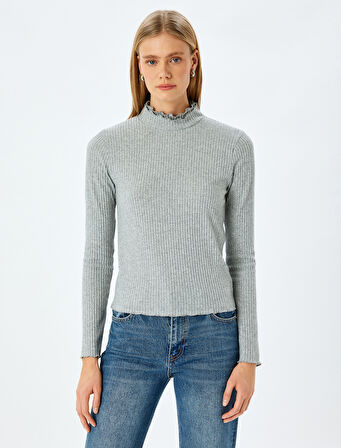 Fırfırlı Dik Yaka Uzun Kollu Slim Fit Basic Tişört