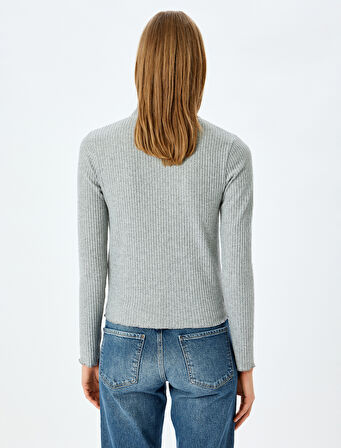 Fırfırlı Dik Yaka Uzun Kollu Slim Fit Basic Tişört