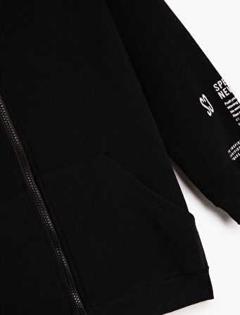 Uzun Kollu Kapşonlu Fermuarlı Sweatshirt