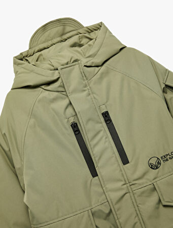 Uzun Kollu Fermuarlı Cepli Kapşonlu Mont