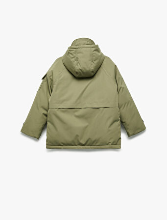 Uzun Kollu Fermuarlı Cepli Kapşonlu Mont