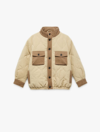 Uzun Kollu Cep Detaylı Dik Yaka Kapitone Ceket