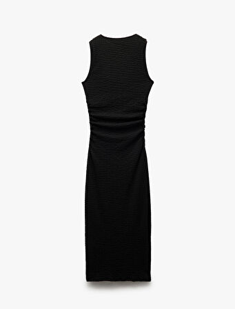 Drapeli Bisiklet Yaka Uzun Kolsuz Slim Fit Kalem Elbise