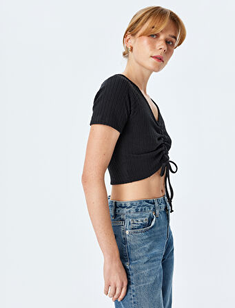 Büzgülü Slim Fit V Yaka Kısa Kollu Crop Tişört