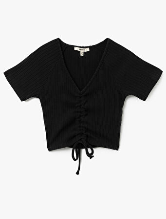 Büzgülü Slim Fit V Yaka Kısa Kollu Crop Tişört