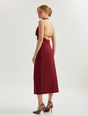 Kolsuz Slim Fit Midi Boy Degaje Yaka Dekolte Elbise