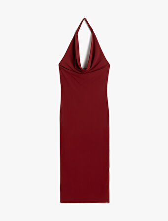 Kolsuz Slim Fit Midi Boy Degaje Yaka Dekolte Elbise