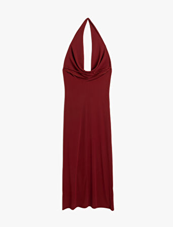 Kolsuz Slim Fit Midi Boy Degaje Yaka Dekolte Elbise