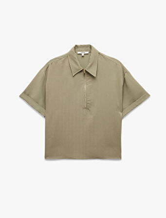 Modal Kumaş Yarım Fermuarlı Kısa Kollu Polo Yaka Oversize Bluz