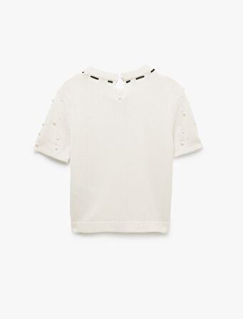 İnci Detaylı Kısa Kollu Bisiklet Yaka Fiyonklu Triko Kazak