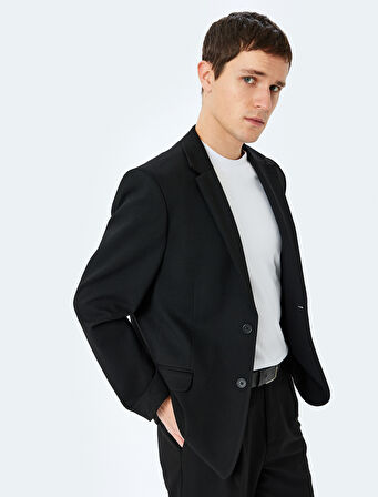 Slim Fit Viskon Karışımlı Cepli Pike Kumaş Mono Yaka Düğmeli Blazer Ceket
