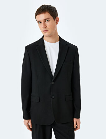 Slim Fit Viskon Karışımlı Cepli Pike Kumaş Mono Yaka Düğmeli Blazer Ceket