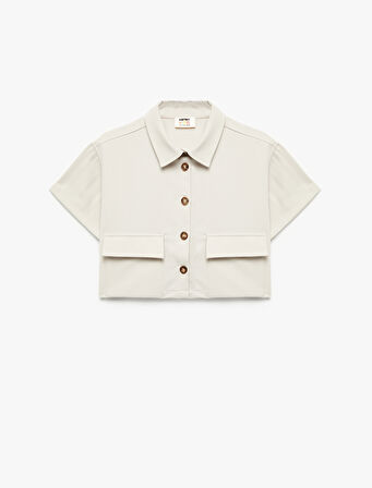 Viskon Karışımlı Kısa Kollu Düğmeli Crop Gömlek