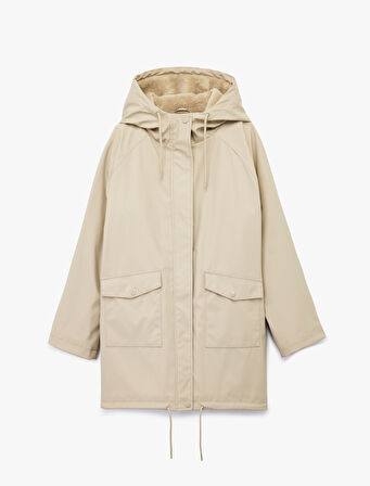 Deri Görünümlü İçi Suni Kürklü Fermuarlı Cepli Su Geçirmez Kapüşonlu Mont