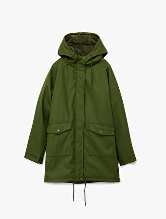 Deri Görünümlü İçi Suni Kürklü Fermuarlı Cepli Su Geçirmez Kapüşonlu Mont