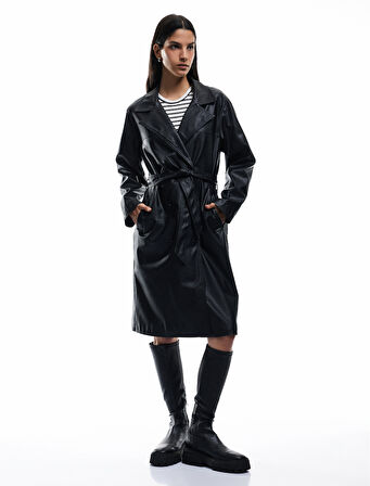 Düğmeli Kruvaze Yaka Uzun Trençkot