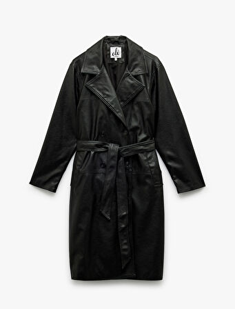 Düğmeli Kruvaze Yaka Uzun Trençkot