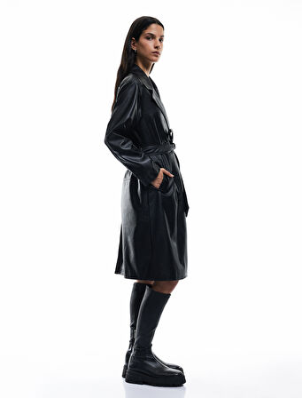 Düğmeli Kruvaze Yaka Uzun Trençkot