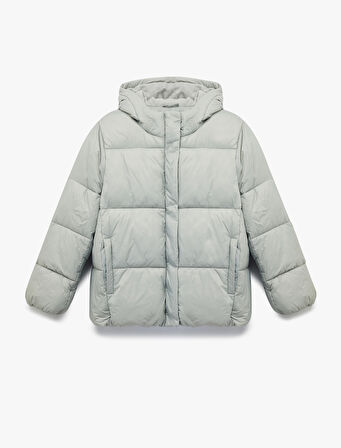 Kapüşonlu Uzun Kollu Cepli Fermuarlı Şişme Mont 