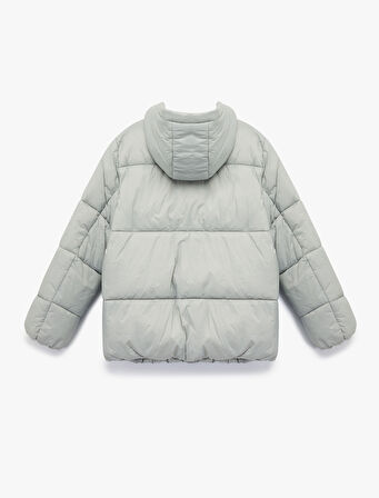 Kapüşonlu Uzun Kollu Cepli Fermuarlı Şişme Mont 