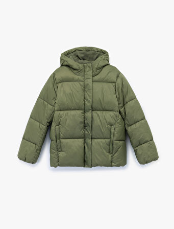 Kapüşonlu Uzun Kollu Cepli Fermuarlı Şişme Mont 