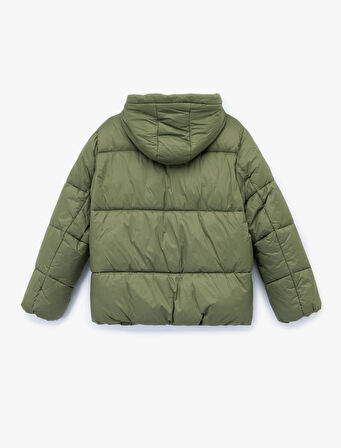 Kapüşonlu Uzun Kollu Cepli Fermuarlı Şişme Mont 