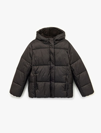 Kapüşonlu Uzun Kollu Cepli Fermuarlı Şişme Mont 