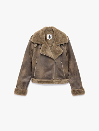 Uzun Kollu Deri Görünümlü Suni Kürk Yaka Biker Ceket