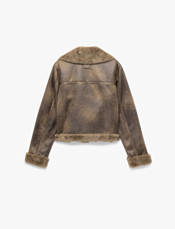 Uzun Kollu Deri Görünümlü Suni Kürk Yaka Biker Ceket