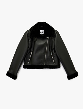 Uzun Kollu Deri Görünümlü Suni Kürk Yaka Biker Ceket