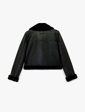 Uzun Kollu Deri Görünümlü Suni Kürk Yaka Biker Ceket