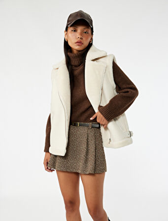 Suni Kürklü Yaka Fermuarlı Deri Görünümlü Kolsuz Biker Yelek