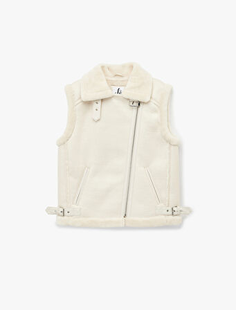 Suni Kürklü Yaka Fermuarlı Deri Görünümlü Kolsuz Biker Yelek