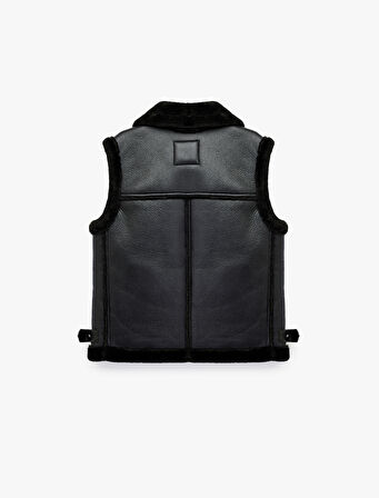 Suni Kürklü Yaka Fermuarlı Deri Görünümlü Kolsuz Biker Yelek